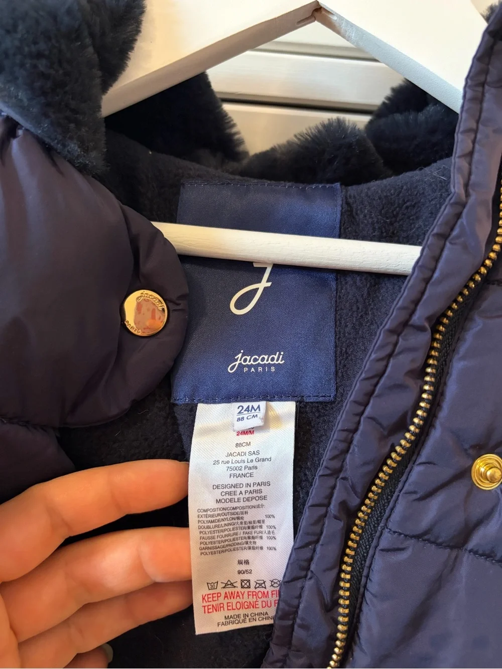 Jacadi Puffy Jacket 24M Blue Scalloped Fur Hood Winter Coat Kids